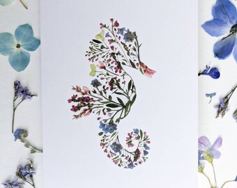 Sea Horse Card, Sea Horses Pressed Flower Art Print Greeting Cards