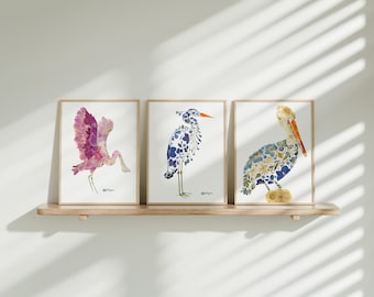 Coastal Prints Bundle, Bird Print Set, Three Bird Prints, Blue Heron Print, Pelican Art, Spoonbill Print