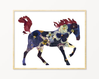 Purple Pressed Flower Horse Art Print, Horse themed gifts,  Equestrian Decor,  Horse Lover Gift, Home Decor, Floral Horse