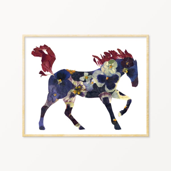 Purple Pressed Flower Horse Art Print, Horse themed gifts,  Equestrian Decor,  Horse Lover Gift, Home Decor, Floral Horse