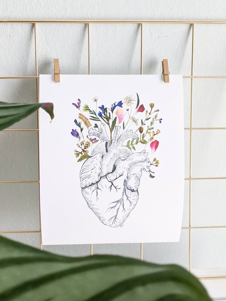 Anatomical Heart Print | Anatomy Art | Pressed Flower Art | Anatomical ...