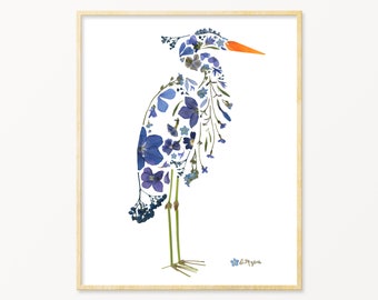 Pressed Flower Blue Heron Art Print