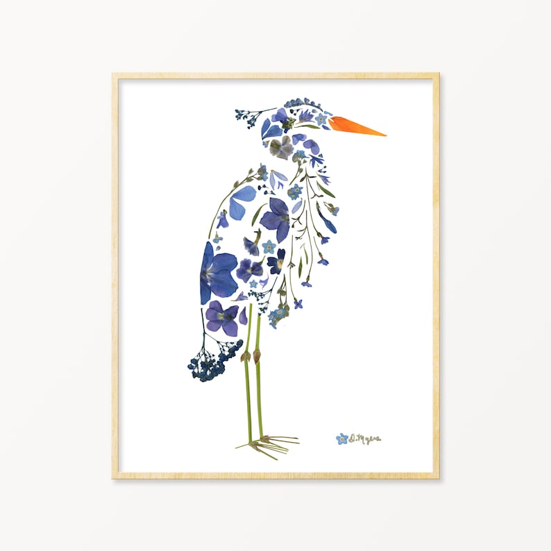 Pressed Flower Blue Heron Art Print image 1