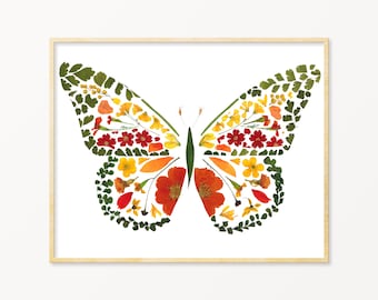 Pressed Flower Monarch Butterfly Art Print, Monarch Butterfly Gift, Monarchs