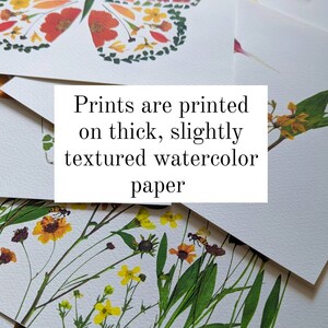 May include: A collection of prints featuring pressed flower art. The prints are on thick, slightly textured watercolor paper. The text "Prints are printed on thick, slightly textured watercolor paper" is visible in the image.