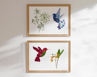 Hummingbird Art Print Pair, Hummingbird Prints, Hummingbird Wall Art, Hummingbird Gifts, Pressed Flower Art Prints