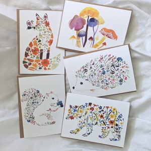 Woodland Cards Set, Pressed Flower Art Woodland Animals, Thank You card pack, birthday card set, Squirrel Fox Mushrooms Bear Hedgehog gifts