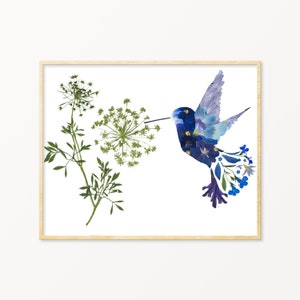 Blue Hummingbird Art | Hummingbird Print | Hummingbird Wall Art | Hummingbird Gifts | Pressed Flower Art Print