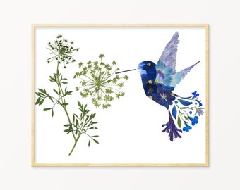 Blue Hummingbird Art | Hummingbird Print | Hummingbird Wall Art | Hummingbird Gifts | Pressed Flower Art Print