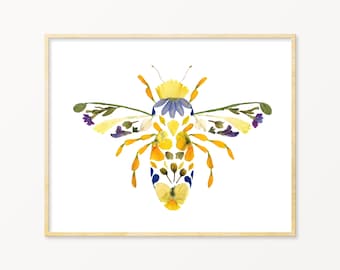 Bee Art Print | Save the Bees | Bee Themed Gift | Queen Bee Art | Honey Bee Decor | Bumblebee Wall Art | Bee Print | Pressed Flower Art |