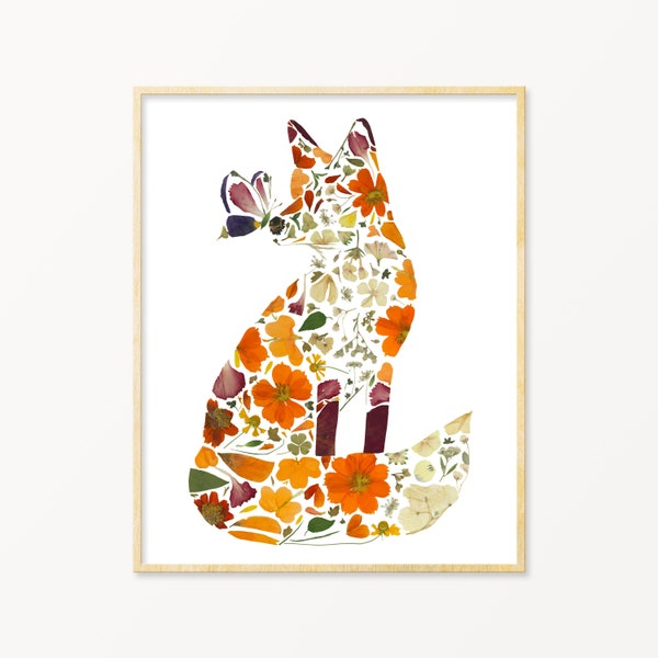 Red Fox Art Print, Fox Decor for Kids, Girl Fox Art, Fox  Pressed Flower Art Print, Fox Wall Art Print, Floral Fox