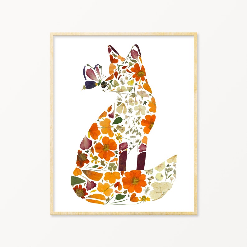 Red Fox Art Print, Fox Decor for Kids, Girl Fox Art, Fox Pressed Flower Art Print, Fox Wall Art Print, Floral Fox image 1