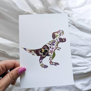 Dinosaur Card, Pressed Flower Art Print Card
