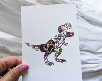 Tarjeta de dinosaurio, tarjeta con impresión artística de flores prensadas