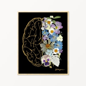 Brain Art | Anatomy Art | Medical Art | Mental Health Awareness | Medical Student Gift | Pressed Flower Art and Pen and Ink Print, 8 x 10"