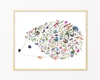 Pressed Flower Art Floral Hedgehog Print, Hedgehog gifts, Hedgehog Illustration, Hedgehog Art, Hedgie Print