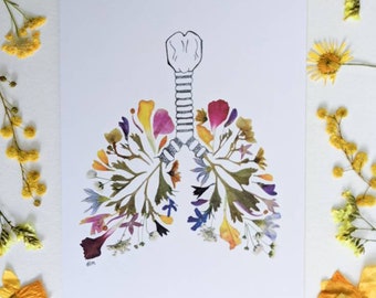 Pressed Flower Art Print Greeting Card, Anatomical Lungs, Lung Art, Respiratory Nurse gift
