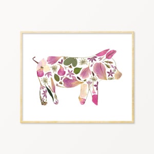 Pressed flower art print, flowers wall art, floral art print, botanical print, gift for gardener, flower gift, pig, pigs, farmhouse decor