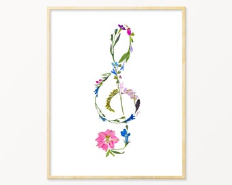 Music Teacher Gift | Pressed Flower Art | Music Gifts | Orchestra Gifts | Bohemian Wall Art | Boho Art Print | 8" by 10" Giclee Print