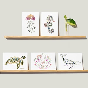 Whale Card, Seashell Card, Sea Turtle Card, Seahorse Card, Jellyfish Card, Ocean gifts, Sea themed Gift, Pressed Flower Art Printed Cards