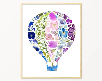 Hot Air Balloon Print | Pressed Flower Art Print |