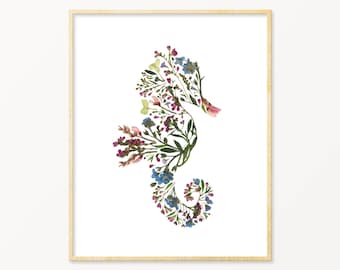 Seahorse Decor, Beach Creations, Under the Sea Nursery Art, Seahorse Wall Decor,  Seahorse Art, Pressed Flower Art Print