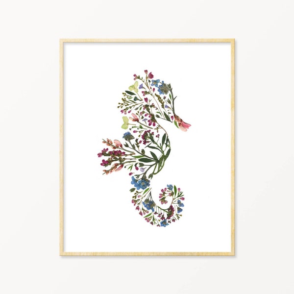 Seahorse Decor, Beach Creations, Under the Sea Nursery Art, Seahorse Wall Decor,  Seahorse Art, Pressed Flower Art Print