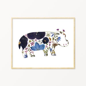 Pressed Flower Art Hippopotamus Print, Hippo Gift