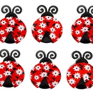 May include: Six ladybug-shaped embellishments. Each ladybug has a red body with white floral patterns, a black head, and black antennae. These decorative elements are ideal for craft projects.