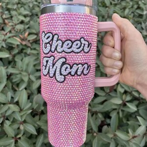 Vaso de voleibol con diamantes de imitación de 40 oz, blanco o negro Cheer Mom