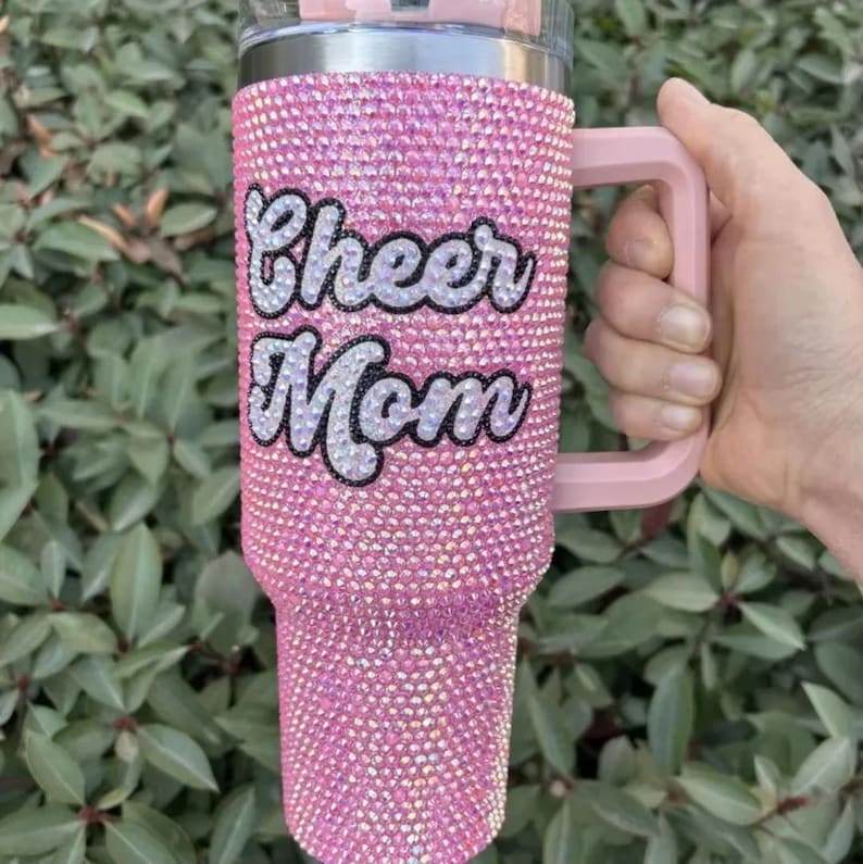 Vaso de voleibol con diamantes de imitación de 40 oz, blanco o negro Cheer Mom