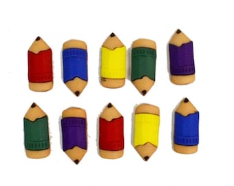 May include: Ten colorful pencil-shaped buttons with a brown wooden body and a pointed tip. The buttons are in various colors, including red, blue, green, yellow, and purple.