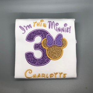 Minnie Mouse Inspired 3rd Birthday Shirt/ Purple and Gold Minnie Birthday Outfit/ I&#39;m this Minnie Girls Birthday Shirt/ 3rd Birthday Outfit