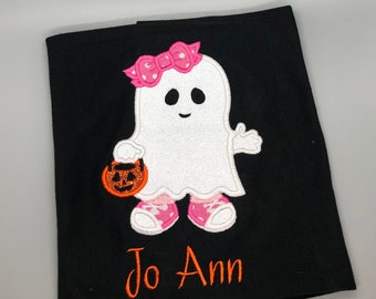 Girls Halloween Shirt/ Ghost Embroidered Holiday Shirt/ Girl Ghost with bow black shirt/ Toddler Halloween shirt/ Not so Scary ghost