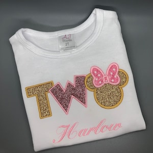 Minnie Mouse Inspired 2nd Birthday Shirt: Pink and Gold Applique