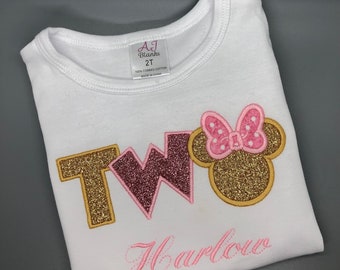 Minnie Mouse Inspired 2nd Birthday Shirt: Pink and Gold Applique
