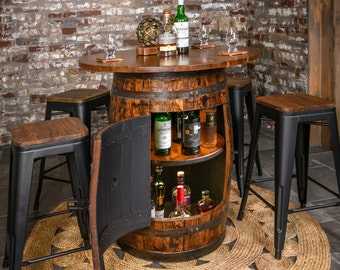 DELUXE Whiskey Barrel Pub Table w/ Cabinet, Lazy Susan Rotating Shelf, & Automated Rechargeable Interior Lights