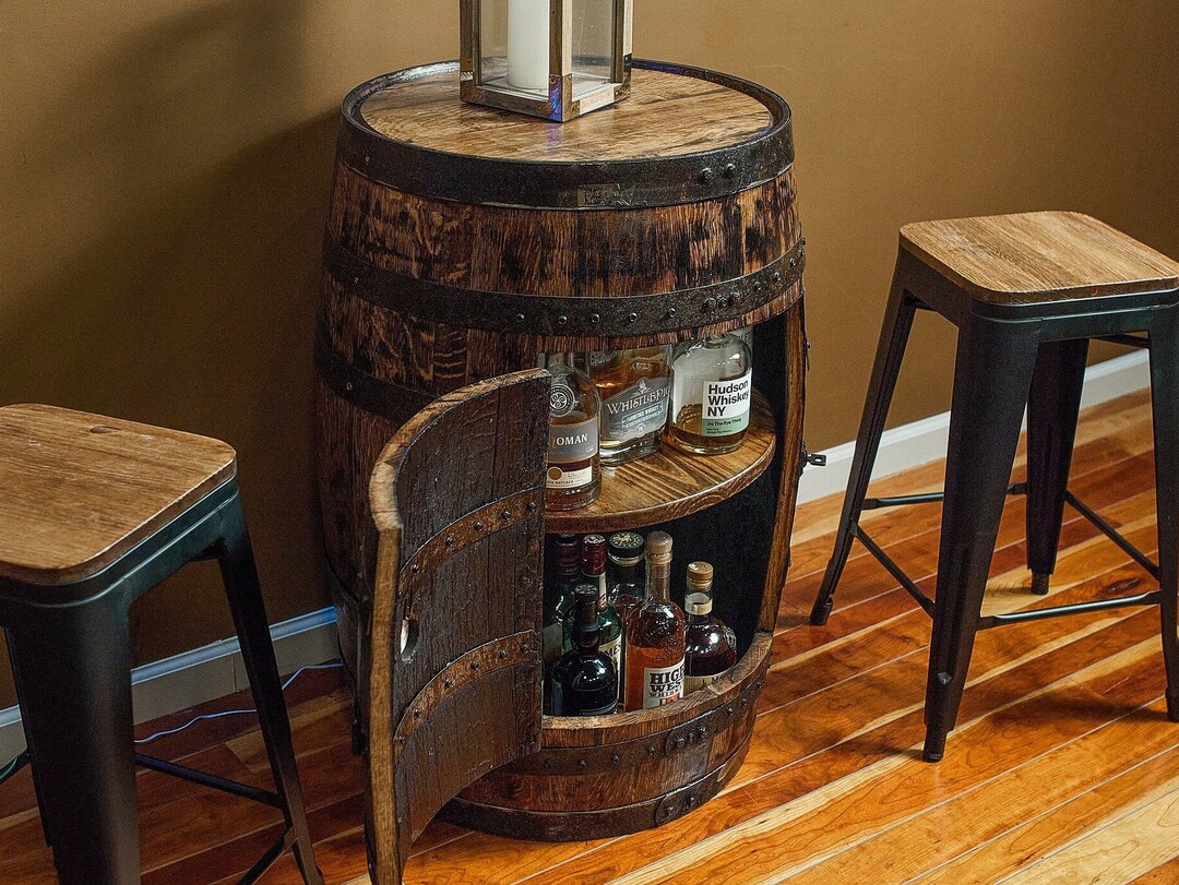 Deluxe Whiskey Barrel Cabinet Table W/ Lazy Susan Rotating Shelf and ...