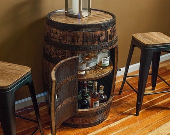 Deluxe Whiskey Barrel Cabinet Table w/ Lazy Susan Rotating Shelf and Motion-Activated & Rechargeable Lights