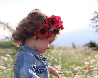 Poppy flower crown, Wildflower girl headband, Rustic floral crown, Red white hairpiece, Birthday gift for girl, Flower headpiece,