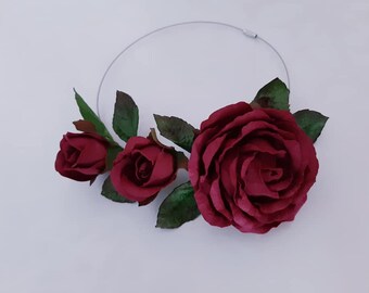 Rose necklace, Rose flower jewelry, Red rose necklace, Beauty and beast necklace, Red rose jewelry, Burgundy rose necklace,
