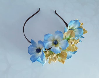 Blue floral crown bridal flower crown wedding flower headpiece wedding flower crown blue flower wreath rustic flower crown boho flower crown