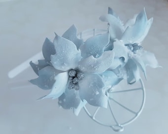 Winter Flower Crown, Frozen Tiara, Flower Girl Headband, Blue and Silver Christmas Headband