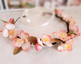Bruiloft bloemkroon, perzikbloesemkroon, blozende bloemenkroon, bloemenmeisjeskroon, bruidsbloemenkrans, bloemenzendspoel, roze bloemkroon