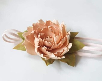 Peach baby headband, Hairband for baby girl, Peach flower hairband, Photo prop baby girl, Peony flower hair band, Flower girl headband