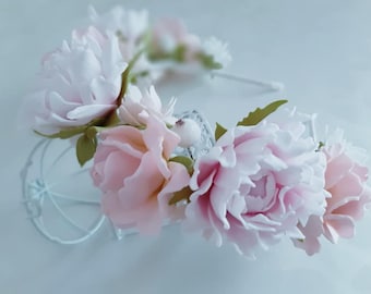 Wedding Flower Crown, Pink Flower Headband For Women, Hair Flower Crown, Festival Or Bridal Hair Wreath, Photo Shooting Headband, Blush Hair