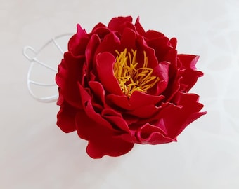 Op de afbeelding: Een enkele, grote, rode pioenroos met een gele kern. De bloem is in volle bloei en heeft veel bloemblaadjes.