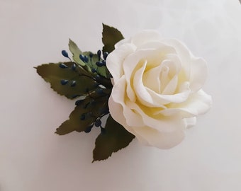 White rose hair clip, Big rose wrist corsage for wedding, Bride white rose hair, Mother corsage rose, White flowers corsage, Rose hair comb