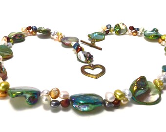 Vintage Iridescent Abalone & Freshwater Pearl Toggle Necklace with Heart Clasp