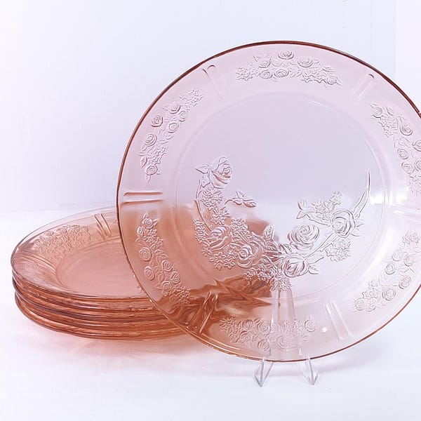 Vintage Sharon Pink | Cabbage Rose |  Depression Glass 9 inch Dinner Plates (Set of 6)
